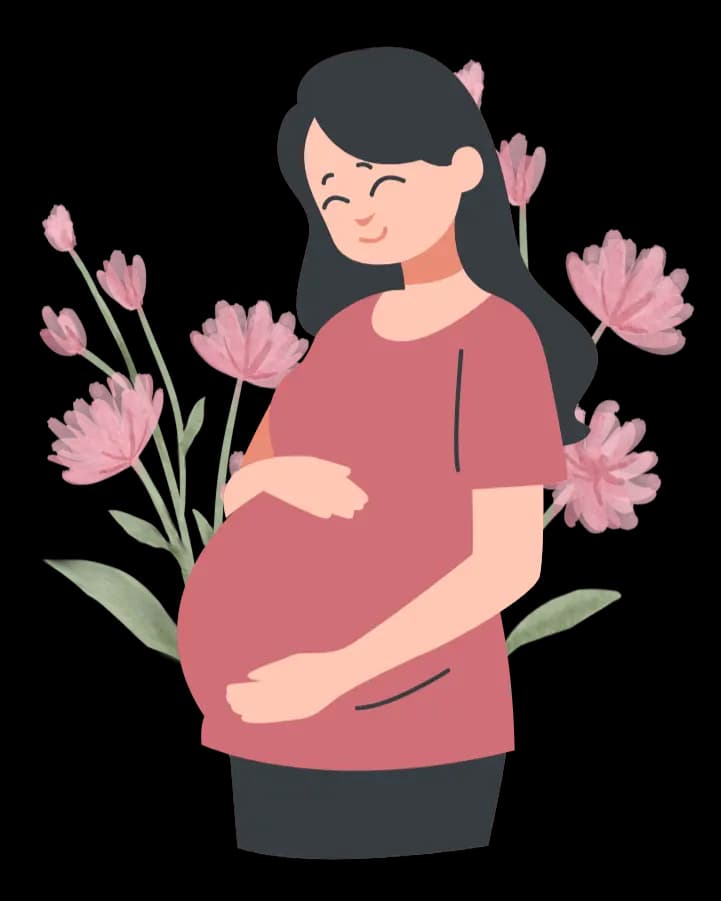 Ilustrasi seorang ibu hamil dikelilingi motif bunga